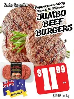 Farmer Jack's Peppercorn garic & pepper jumbo beef burgers offer