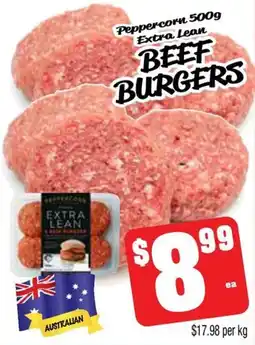 Farmer Jack's Peppercorn extra lean beef burgers offer