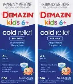 Discount Drug Stores Demazin Kid 6+ Cold Relief Blue Syrup Peach & Vanilla Flavour offer
