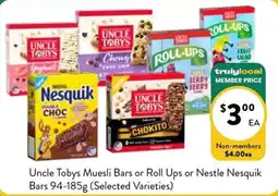 Farmer Jack's Uncle Tobys Muesli Bars or Roll Ups or Nestle Nesquik Bars offer
