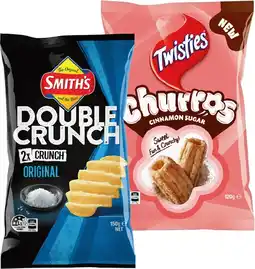 IGA Smith’s Double Crunch Chips 150g or Twisties Churros Cinnamon Sugar 120g Selected Varieties offer