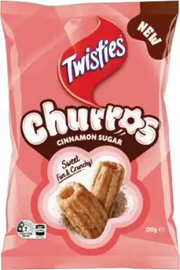 IGA Twisties Cinnamon Sugar Churros 120g or Smith’s Double Crunch Chips 150g Selected Varieties offer