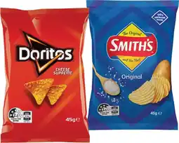 IGA Doritos Corn Chips, Smith’s Crinkle Cut Chips 45g or Smith’s Stax 42g Selected Varieties offer