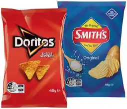 IGA Doritos Cheese Supreme Corn Chips or Smith’s Crinkle Cut Chips 45g Selected Varieties offer