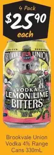 Cellarbrations Brookvale Union Vodka 4% Range Cans offer