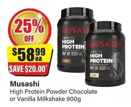 Chemist Discount Centre Musashi High Protein Powder Chocolate or Vanilla Milkshake offer