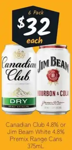 Cellarbrations Canadian Club 4.8% or Jim Beam White 4.8% Premix Range Cans offer