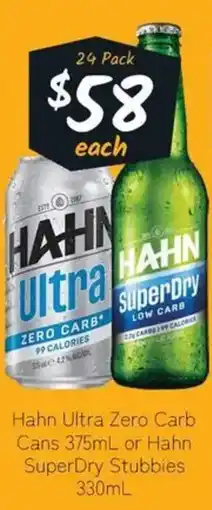 Cellarbrations Hahn Ultra Zero Carb Cans 375mL or Hahn SuperDry Stubbies offer