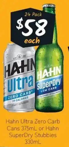 Cellarbrations Hahn Ultra Zero Carb Cans or Hahn SuperDry Stubbies offer