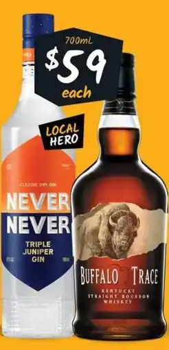 Cellarbrations Never Never Triple Juniper Gin or Buffalo Trace Bourbon offer