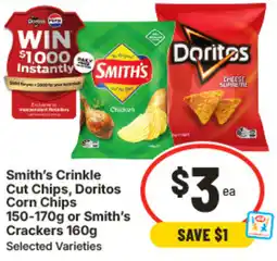 IGA Smith's Crinkle Cut Chips, Doritos Corn Chips or Smith's Crackers offer