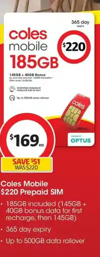 Coles Coles mobile $220 Prepaid SIM offer