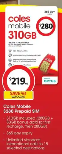 Coles Coles Mobile $280 Prepaid SIM offer