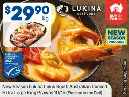 Foodland New Season Lukina Lukin South Australian Cooked Extra Large King Prawns 10/15 offer
