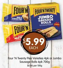 Spudshed Four 'N Twenty Pies Varieties 4pk or Jumbo Sausage Rolls offer