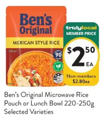 Foodworks Ben's Original Microwave Rice Pouch or Lunch Bowl offer