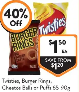 Foodworks Twisties, Burger Rings, Cheetos Balls or Puffs offer