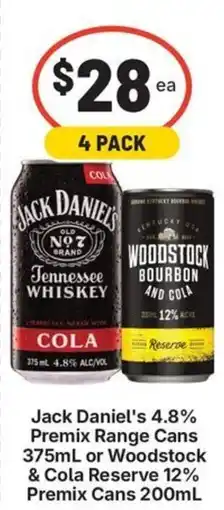 IGA Liquor Jack Daniel's 4.8% Premix Range Cans or Woodstock & Cola Reserve 12% Premix Cans offer