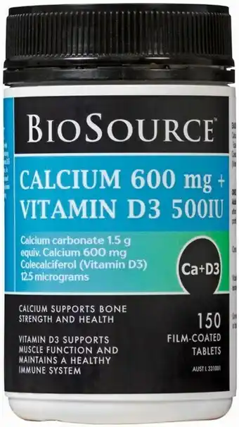 Priceline Biosource Calcium 600mg + Vitamin D3 500IU 150 Film-Coated Tablets offer