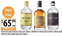 Supabarn Four pillars fresh yuzu gin, monkey shoulder scotch and for pillars rare dry gin offer