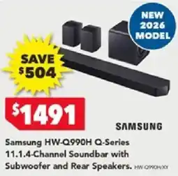 Harvey Norman Samsung HW-Q990H Q-Series 11.1.4-Channel Soundbar with Subwoofer and Rear Speakers offer