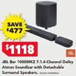 Harvey Norman JBL Bar 1000MK2 7.1.4-Channel Dolby Atmos Soundbar with Detachable Surround Speakers offer