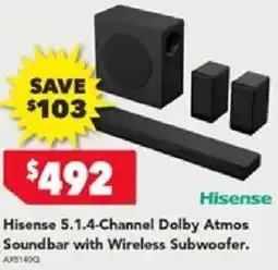 Harvey Norman Hisense 5.1.4-Channel Dolby Atmos Soundbar with Wireless Subwoofer offer