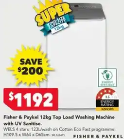 Harvey Norman Fisher & Paykel 12kg Top Load Washing Machine with UV Sanitise offer
