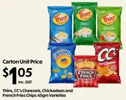 Campbells Wholesale Thins, CC's Cheezels, Chickadees and French Fries Chips offer