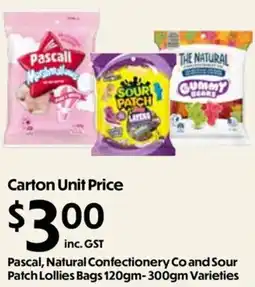 Campbells Wholesale Pascal, Natural Confectionery Co and Sour Patch Lollies Bags offer