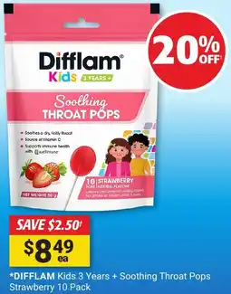 Cincotta Chemist DIFFLAM Kids 3 Years + Soothing Throat Pops Strawberry offer