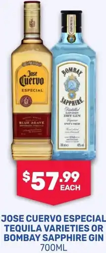 SipnSave Jose cuervo especial tequila varieties or bombay sapphire gin offer