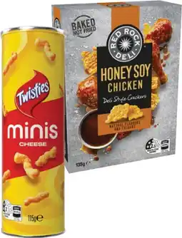 IGA Twisties Cheese Minis Canister 115g or Red Rock Deli Style Crackers 130-35g Selected Varieties offer
