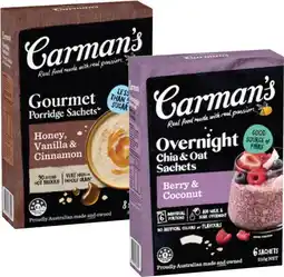 IGA Carman’s Porridge Sachets 6‑8 Pack or Overnight Chia & Oat Sachets 6 Pack Selected Varieties offer