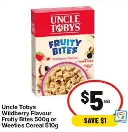 IGA Uncle Tobys Wildberry Flavour Fruity Bites or Weeties Cereal offer