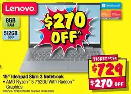 JB Hi-Fi 15" Ideapad Slim 3 Notebook AMD Ryzen 5 7520U With Radeon offer