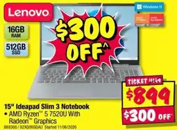 JB Hi-Fi 15" Ideapad Slim 3 Notebook AMD Ryzen 5 7520U With Radeon offer