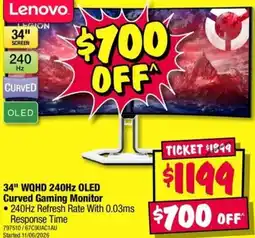 JB Hi-Fi 34" WQHD 240Hz OLED Curved Gaming Monitor offer