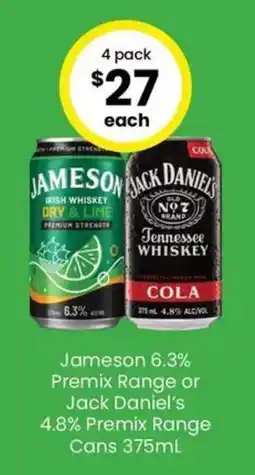 The Bottle O Jameson 6.3% Premix Range or Jack Daniel's 4.8% Premix Range Cans offer