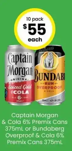 The Bottle O Captain Morgan & Cola 6% Premix Cans 375mL or Bundaberg Overproof & Cola 6% Premix Cans offer