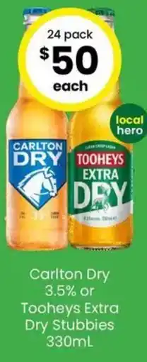 The Bottle O Carlton Dry 3.5% or Tooheys Extra Dry Stubbies offer