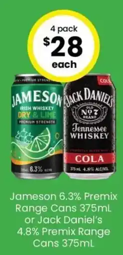 The Bottle O Jameson 6.3% Premix Range Cans 375mL or Jack Daniel's 4.8% Premix Range Cans offer