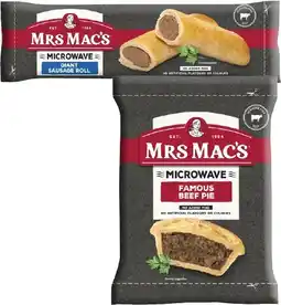 Coles Mrs Mac's Microwaveable Sausage Roll or Pie 175g offer