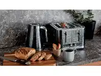 Harris Scarfe Russell Hobbs Geo Steel Kettle Black or Geo Steel 4 Slice Toaster Black offer