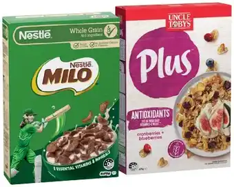 IGA Nestlé Milo Cereal 535-620g or Uncle Tobys Plus Cereal 620-705g Selected Varieties offer