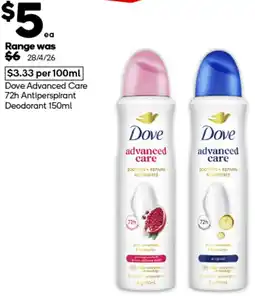 Woolworths Dove Advanced Care 72h Antiperspirant Deodorant offer