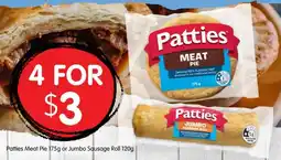 Spudshed Patties Meat Pie 175g or Jumbo Sausage Roll offer