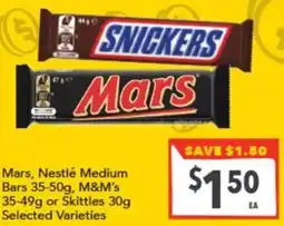 Supa Valu Mars, Nestlé Medium Bars , M&M's or Skittles offer