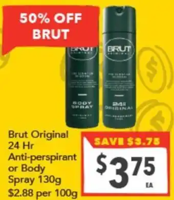 Supa Valu Brut Original 24 Hr Anti-perspirant or Body Spray offer