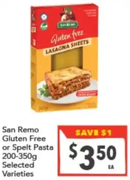 Supa Valu San Remo Gluten Free or Spelt Pasta offer